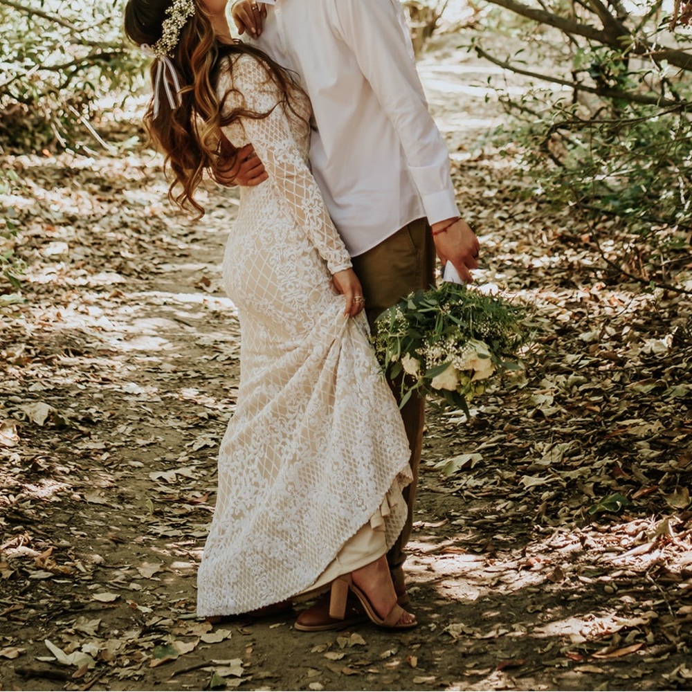 Wedding Dress long sleeve open back v neck, white and nude beaded embroidered - Picture 3 of 10